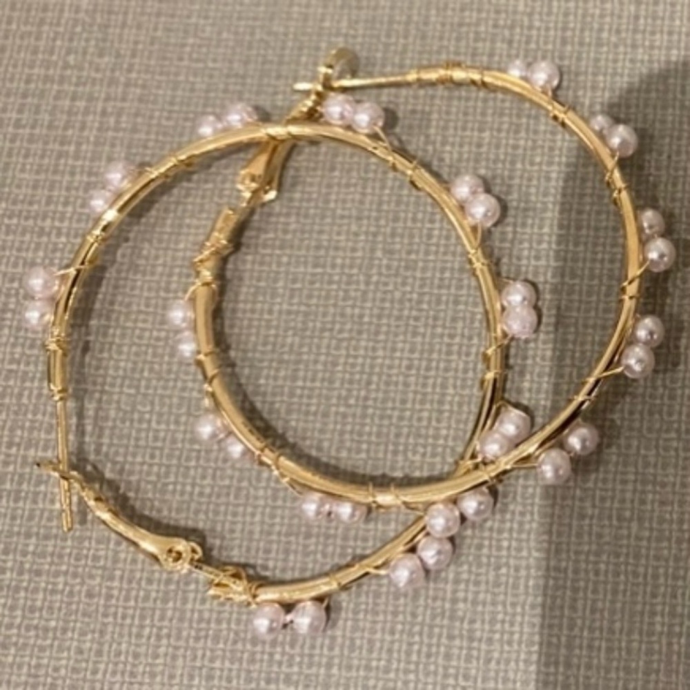 Pearl Hoop Gold Earrings NEW